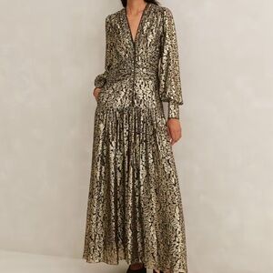 ME + EM Silk Flower Lamé Dress + Belt | Silk-metallic Lurex | Size 6